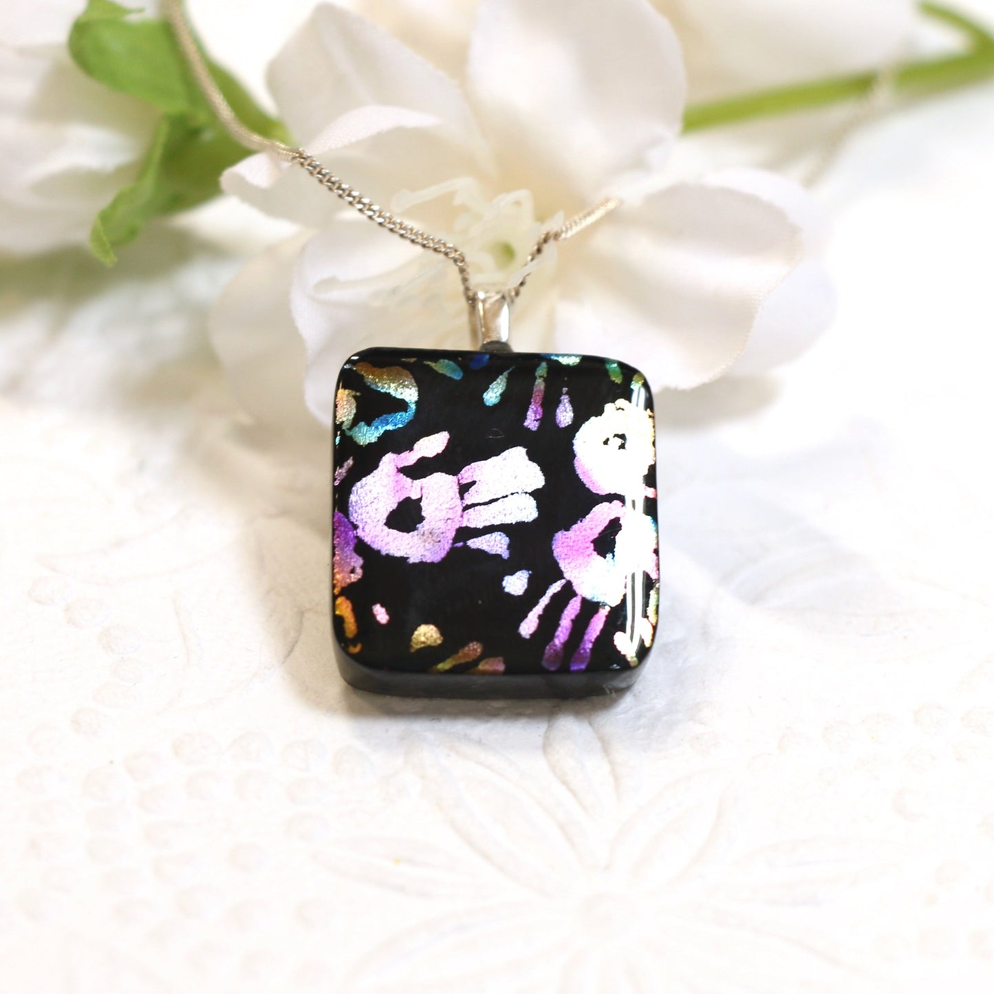 Hand Prints Dichroic Fused Glass Necklace - 2994
