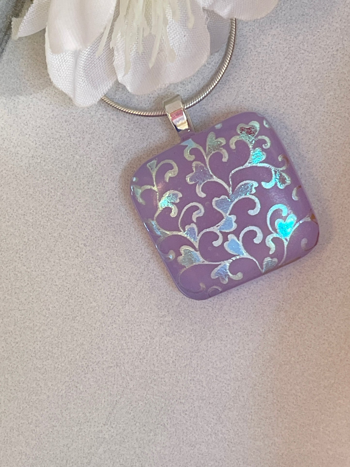 Heart Flowers Dichroic Fused Glass Necklace - 3897