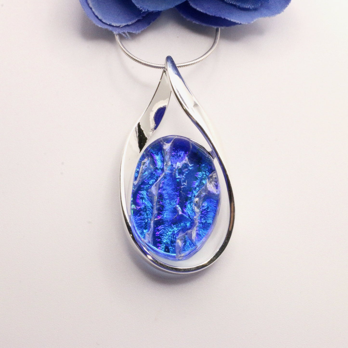 Blue Ripple Dichroic Fused Glass Necklace - 3971