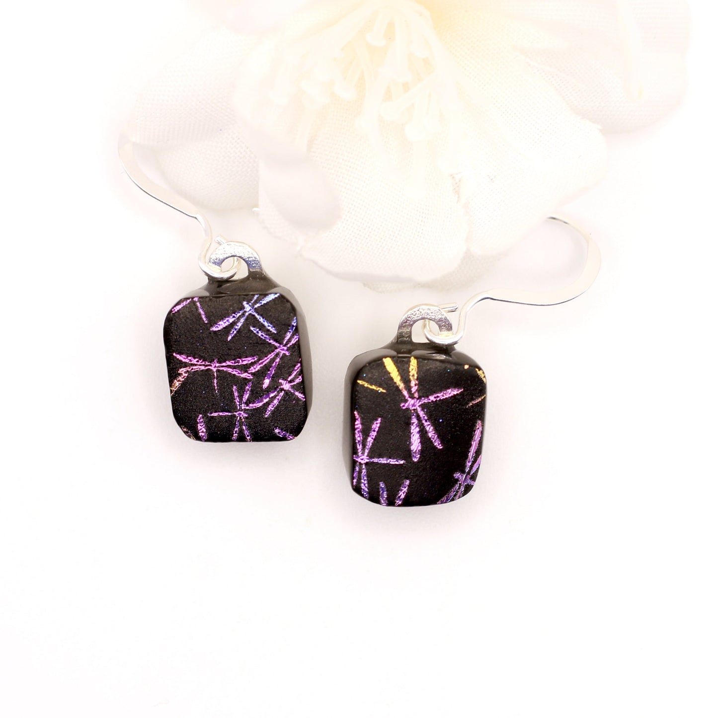 Dragonflies Dichroic Fused Glass Earrings (on black)- 4013