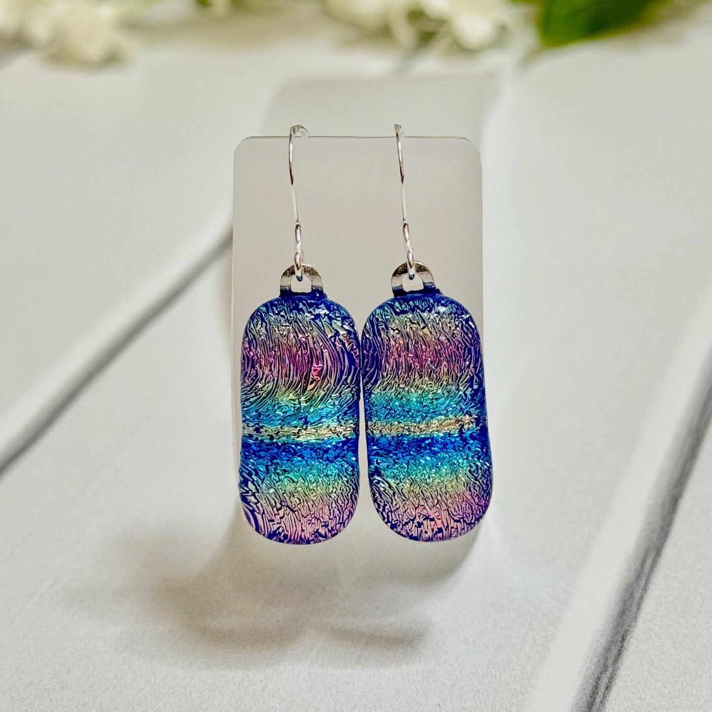 Rainbow Stripe Dichroic Fused Glass Earrings - 4079