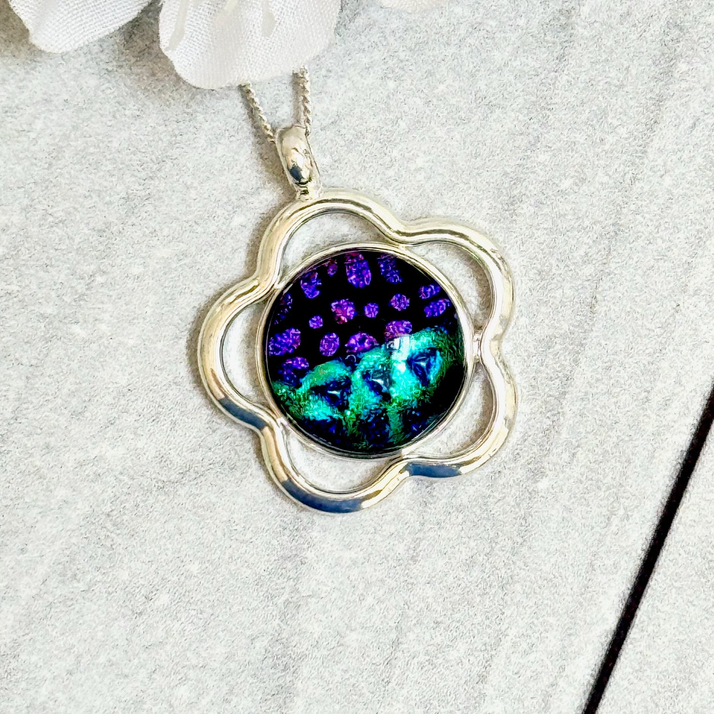 Open Flower Dichroic Fused Glass Necklace - 4108