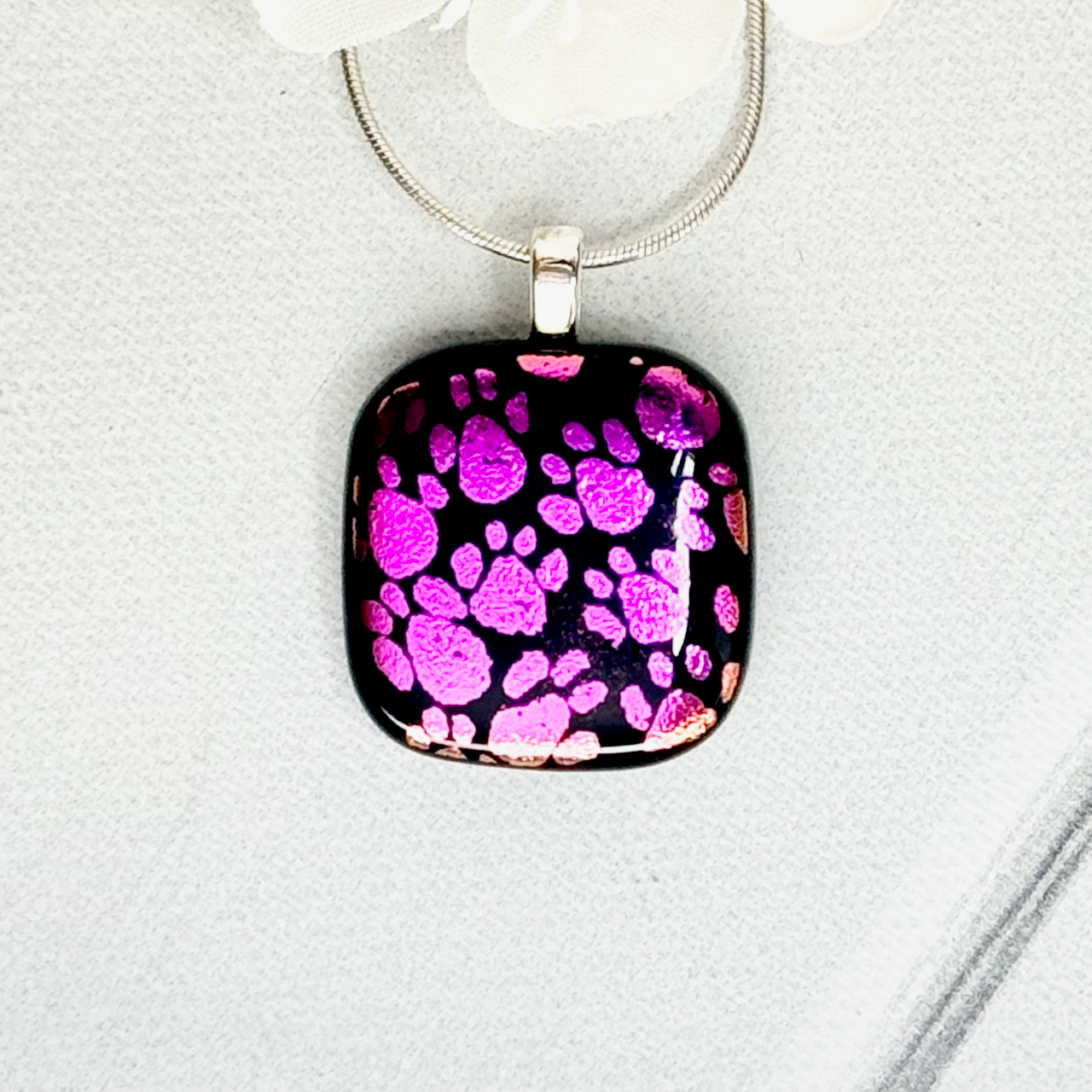 Paw Print Dichroic Fused Glass Necklace - 4232