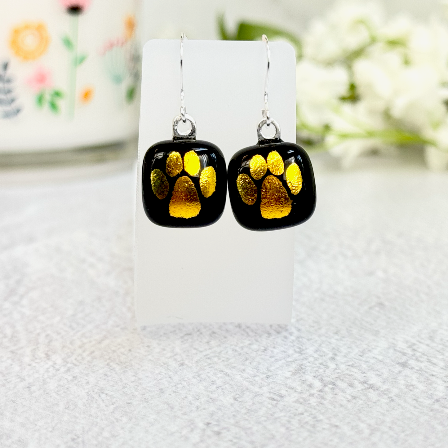 Paw Print Dichroic Fused Glass Earrings - 4358