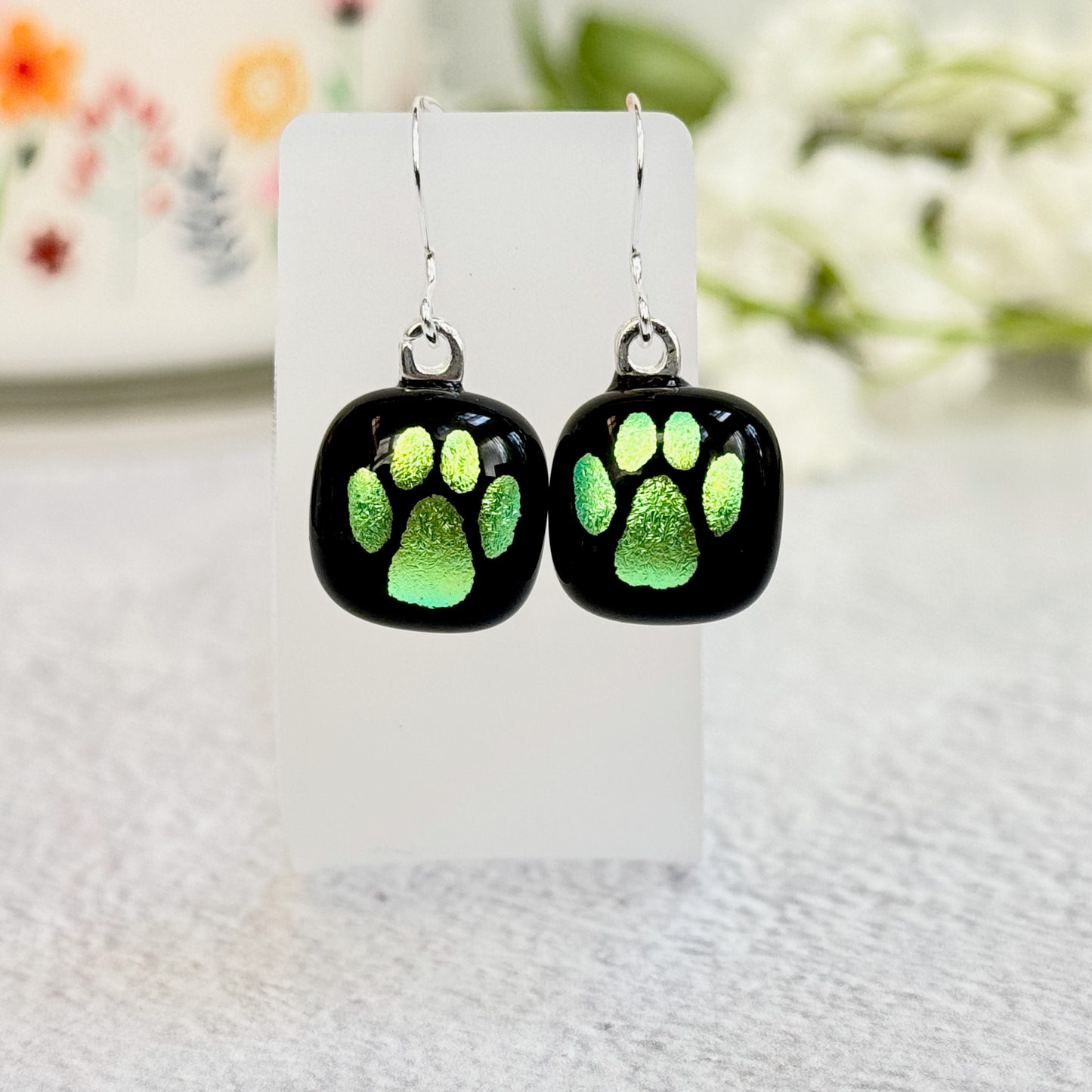 Paw Print Dichroic Fused Glass Earrings - 4359