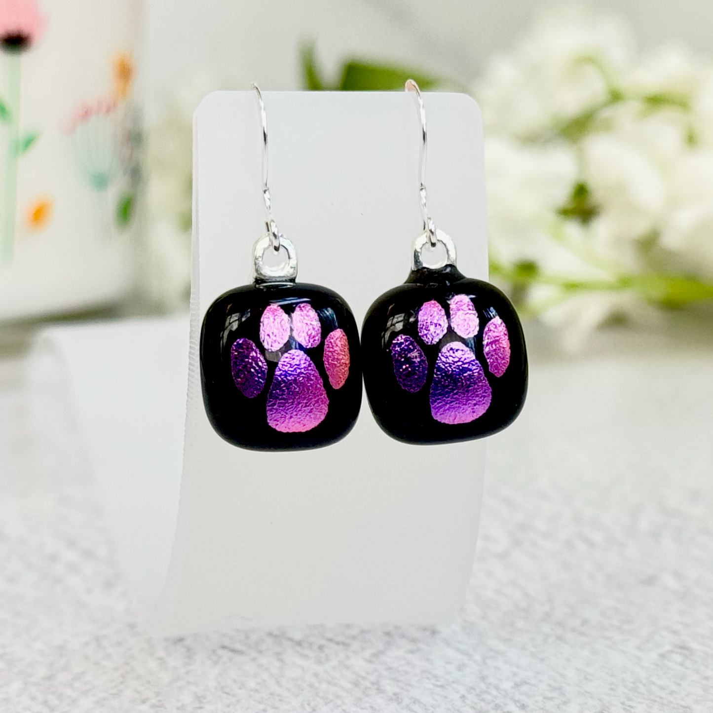 Paw Print Dichroic Fused Glass Earrings - 4363