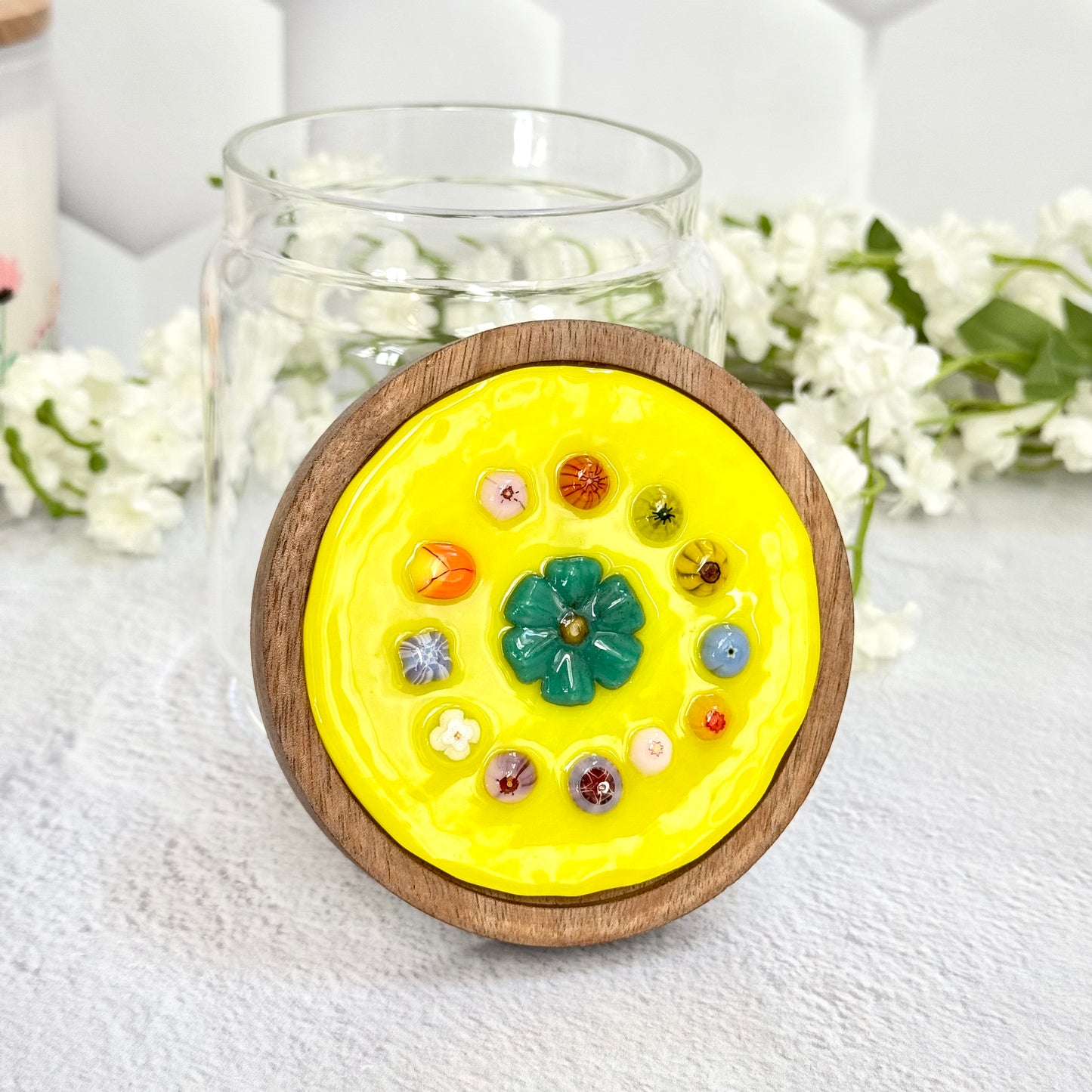 "Anything" Jar with Yellow Floral Fused Glass Lid - 4483