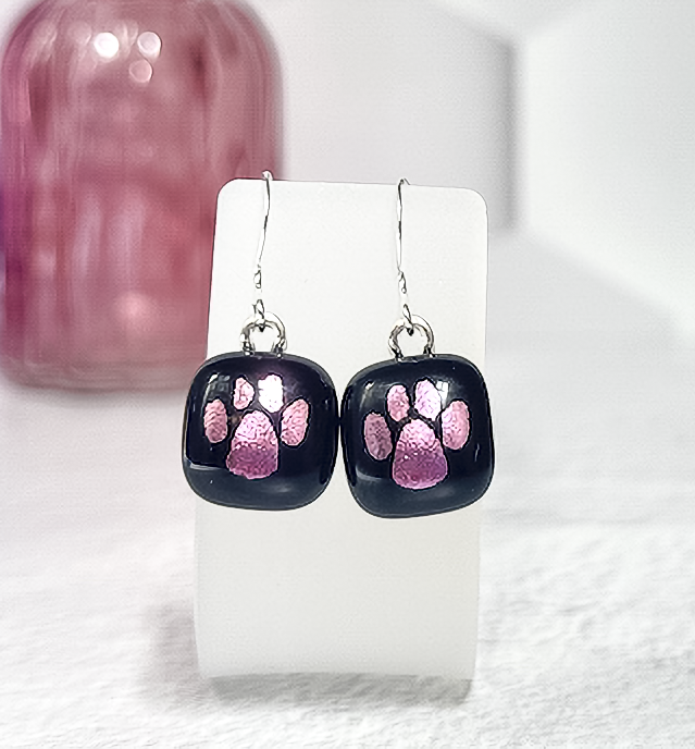 Paw Print Dichroic Fused Glass Earrings - 4565