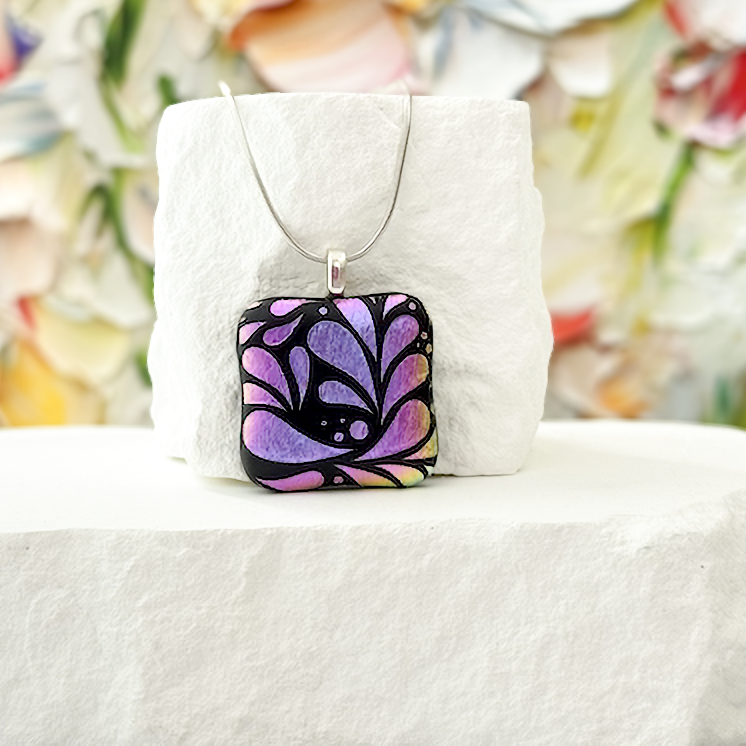 Fan Flowers Dichroic Fused Glass Necklace - 4627