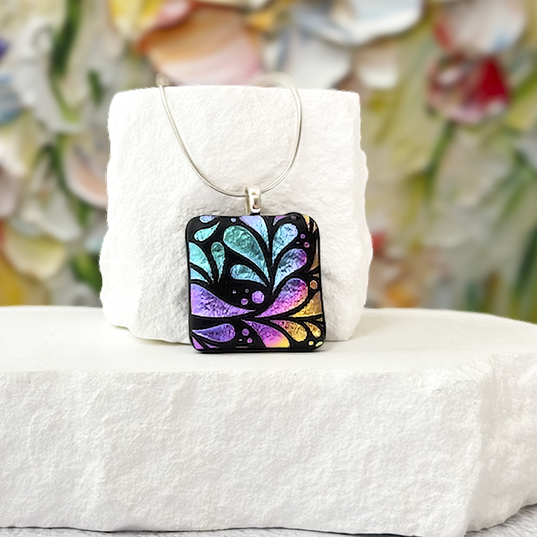 Fan Flowers Dichroic Fused Glass Necklace - 4628