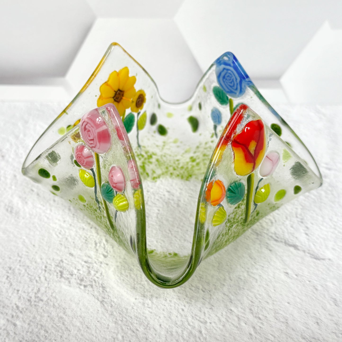 Flower Field Fused Glass Votive Candle Holder - 4701