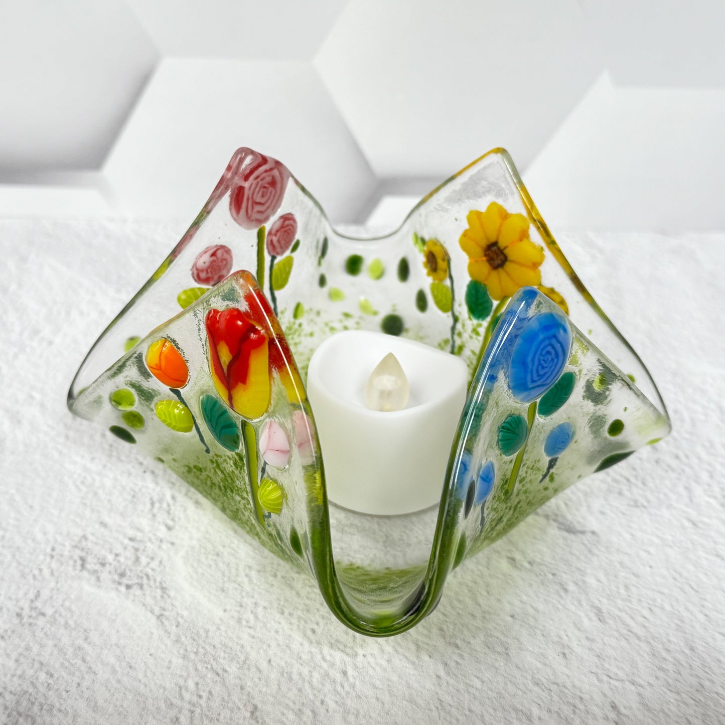 Flower Field Fused Glass Votive Candle Holder - 4701