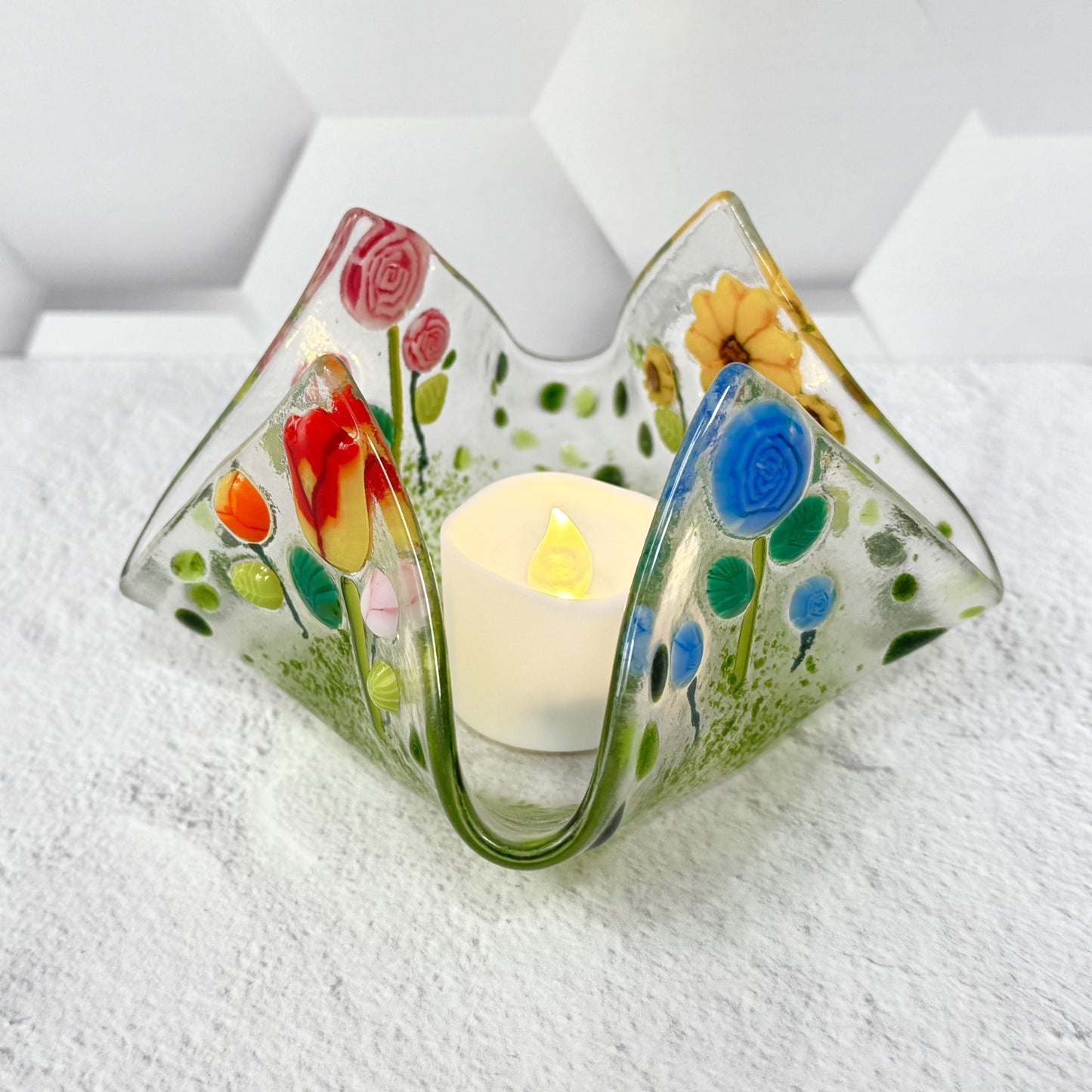 Flower Field Fused Glass Votive Candle Holder - 4701
