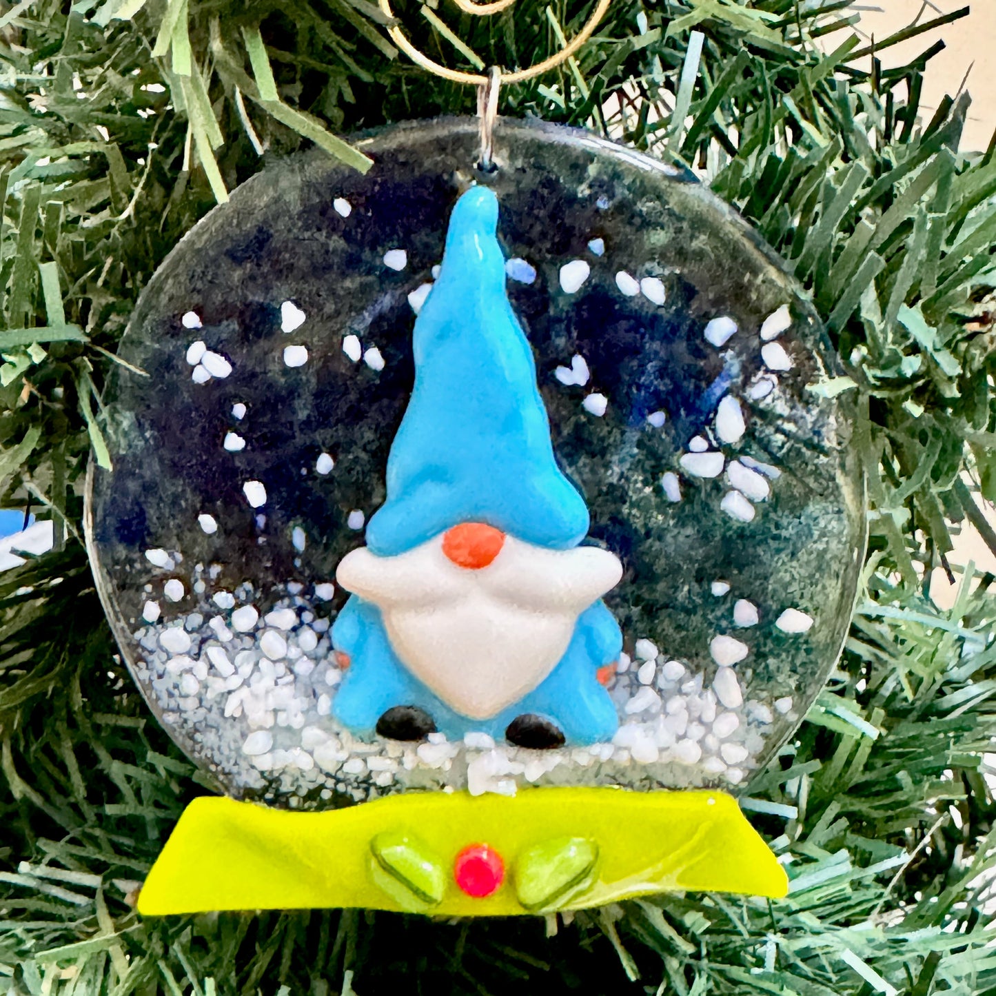 Gnome Snow Globe Fused Glass Ornament - 9466