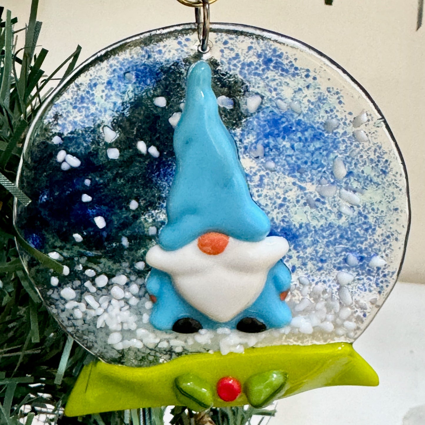 Gnome Snow Globe Fused Glass Ornament - 9466
