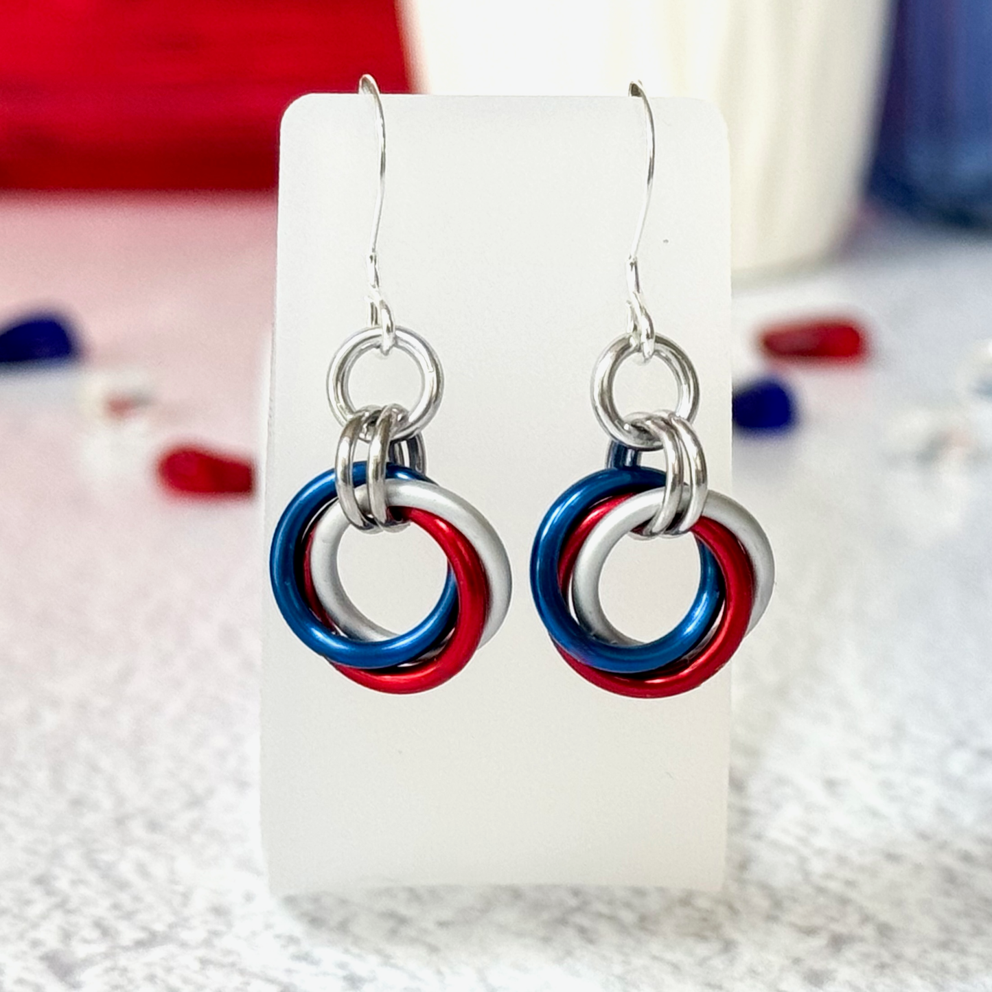 Red, White and Blue Rosette Chainmail Earrings - 9648