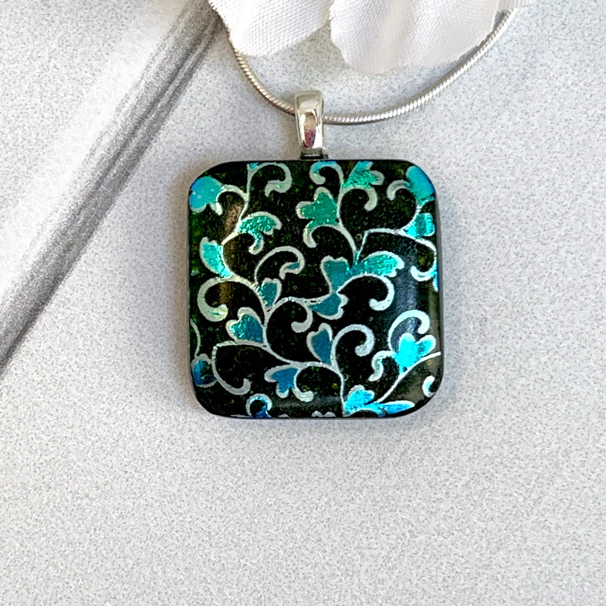 Heart Flowers Dichroic Fused Glass Necklace - 3898