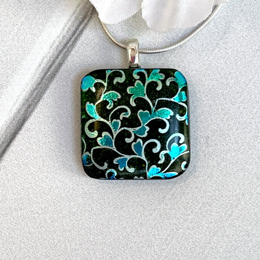 Heart Flowers Dichroic Fused Glass Necklace - 3898