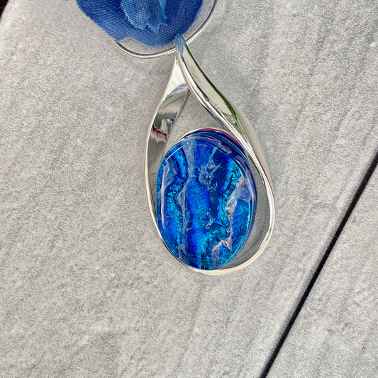 Blue Ripple Dichroic Fused Glass Necklace - 3971