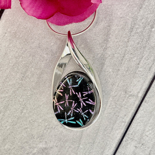 Dragonflies Dichroic Fused Glass Necklace (on black) - 3973