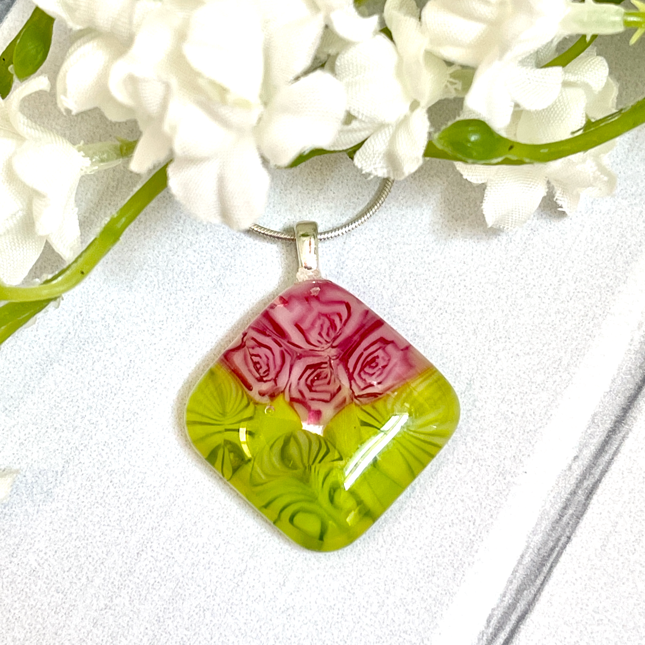 Pink Roses Fused Glass Necklace - 4022