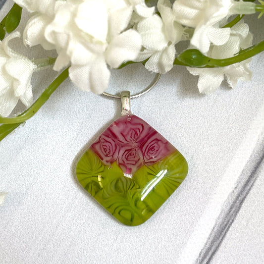 Pink Roses Fused Glass Necklace - 4022