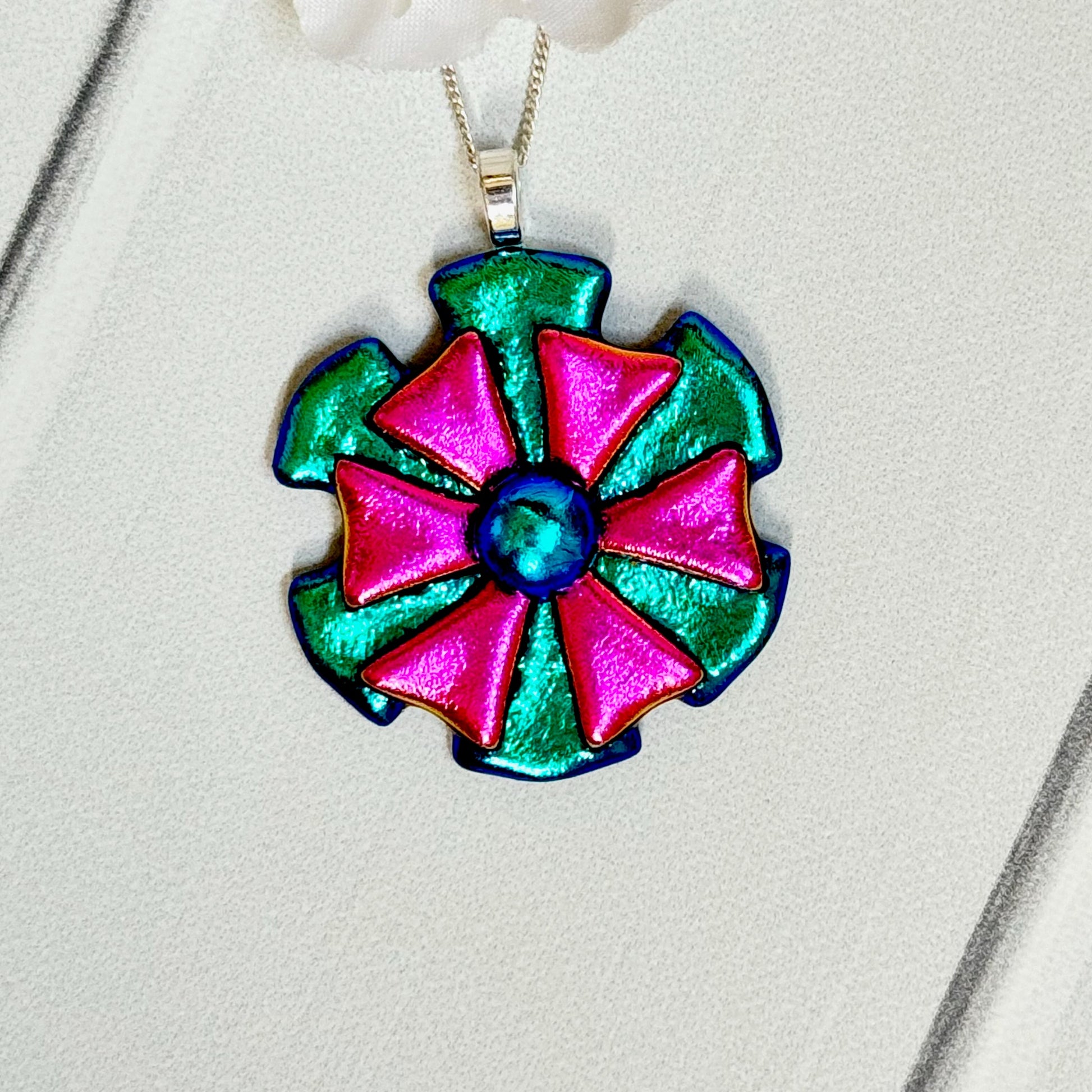 Blooming Flower Dichroic Fused Glass Necklace - 4178