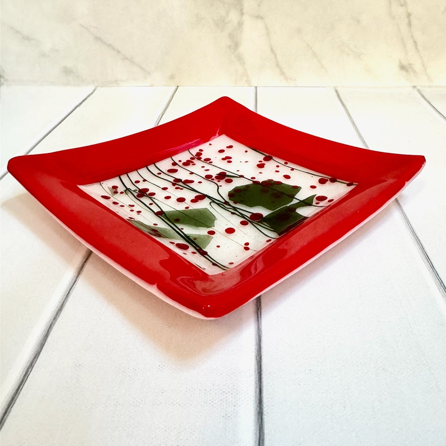 Holly Berry Splash Fused Glass Dish - 4196