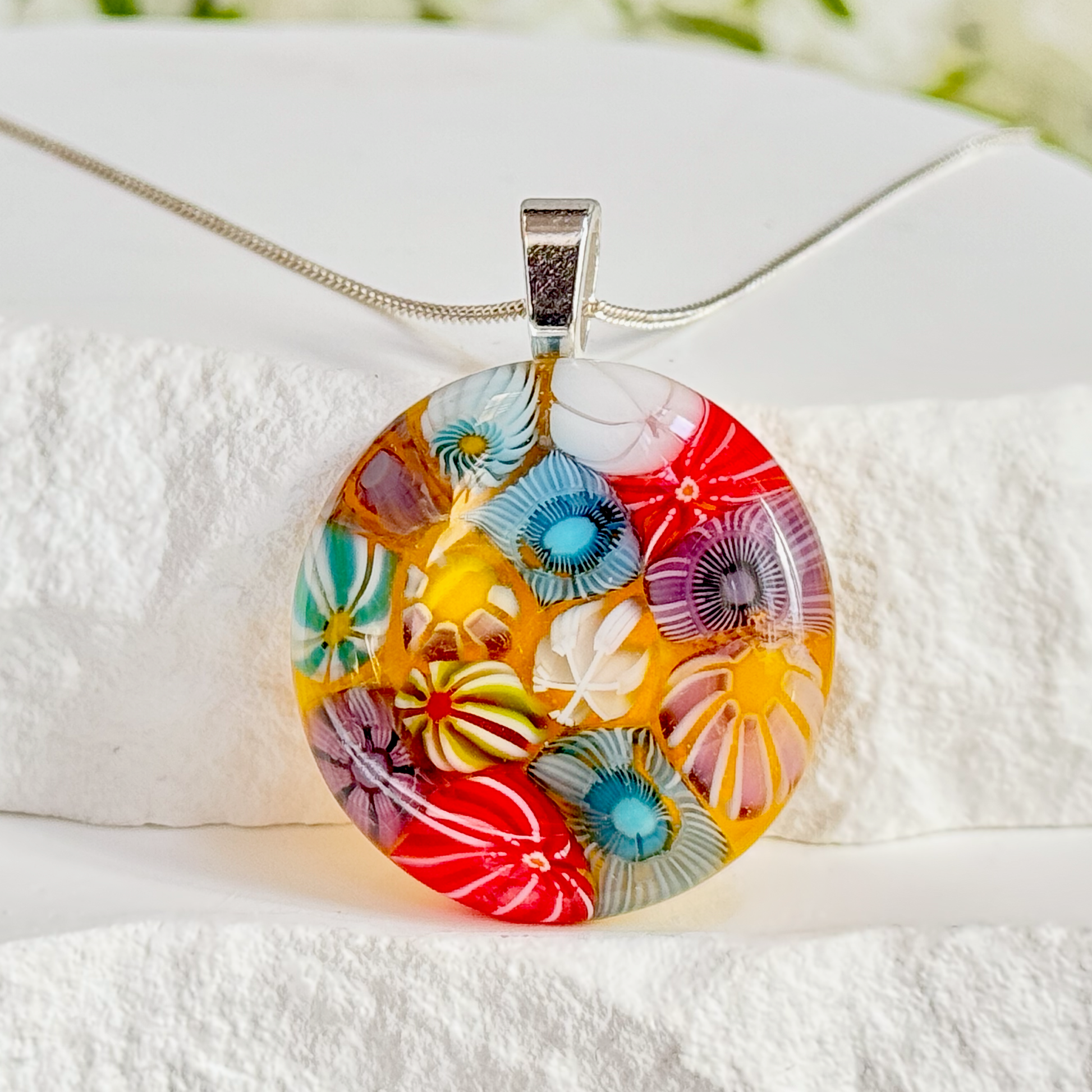 Floral Fused Glass Necklace - 4460