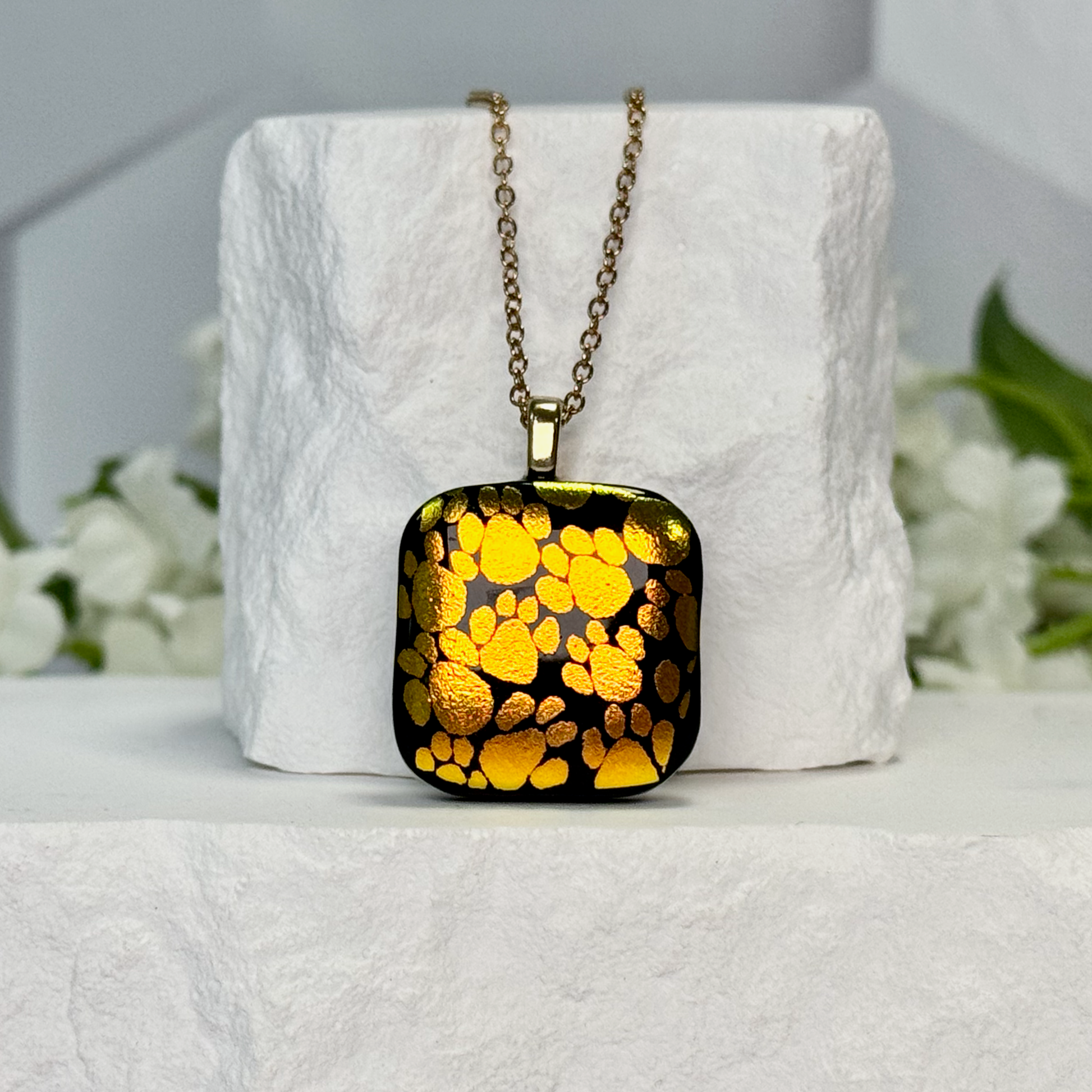 Paw Print Dichroic Fused Glass Necklace - 4532