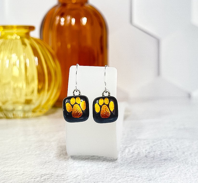 Paw Print Dichroic Fused Glass Earrings - 4558