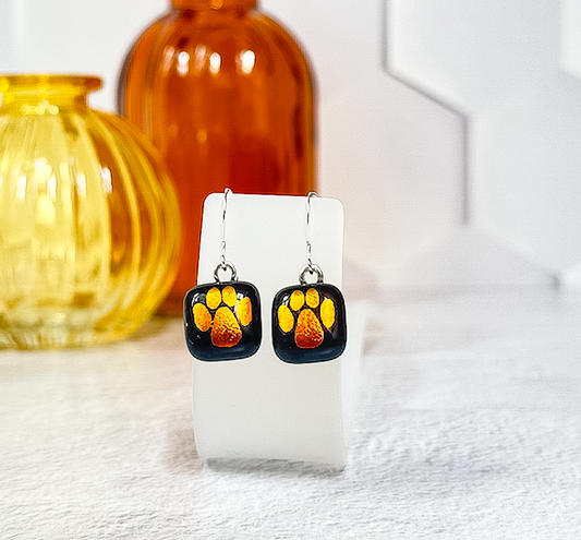 Paw Print Dichroic Fused Glass Earrings - 4558