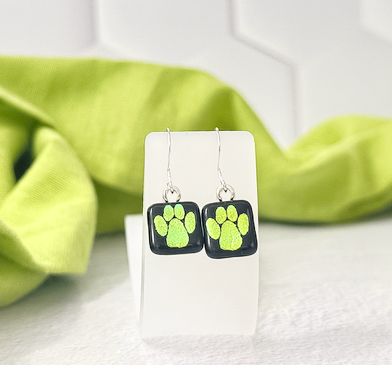 Paw Print Dichroic Fused Glass Earrings - 4559