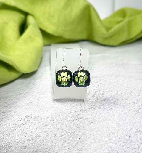 Paw Print Dichroic Fused Glass Earrings - 4560