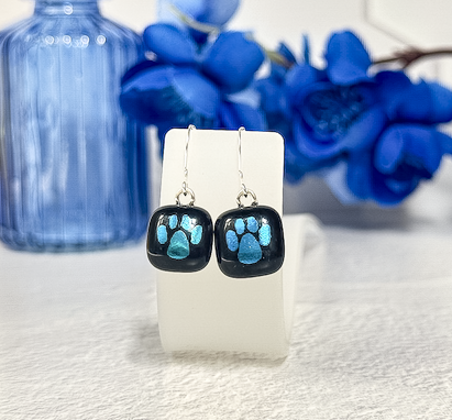 Paw Print Dichroic Fused Glass Earrings - 4562