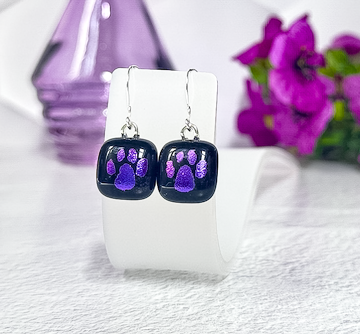 Paw Print Dichroic Fused Glass Earrings - 4563
