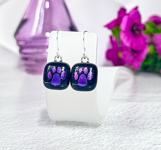 Paw Print Dichroic Fused Glass Earrings - 4563