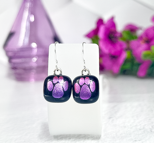 Paw Print Dichroic Fused Glass Earrings - 4564