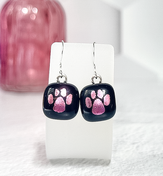 Paw Print Dichroic Fused Glass Earrings - 4565