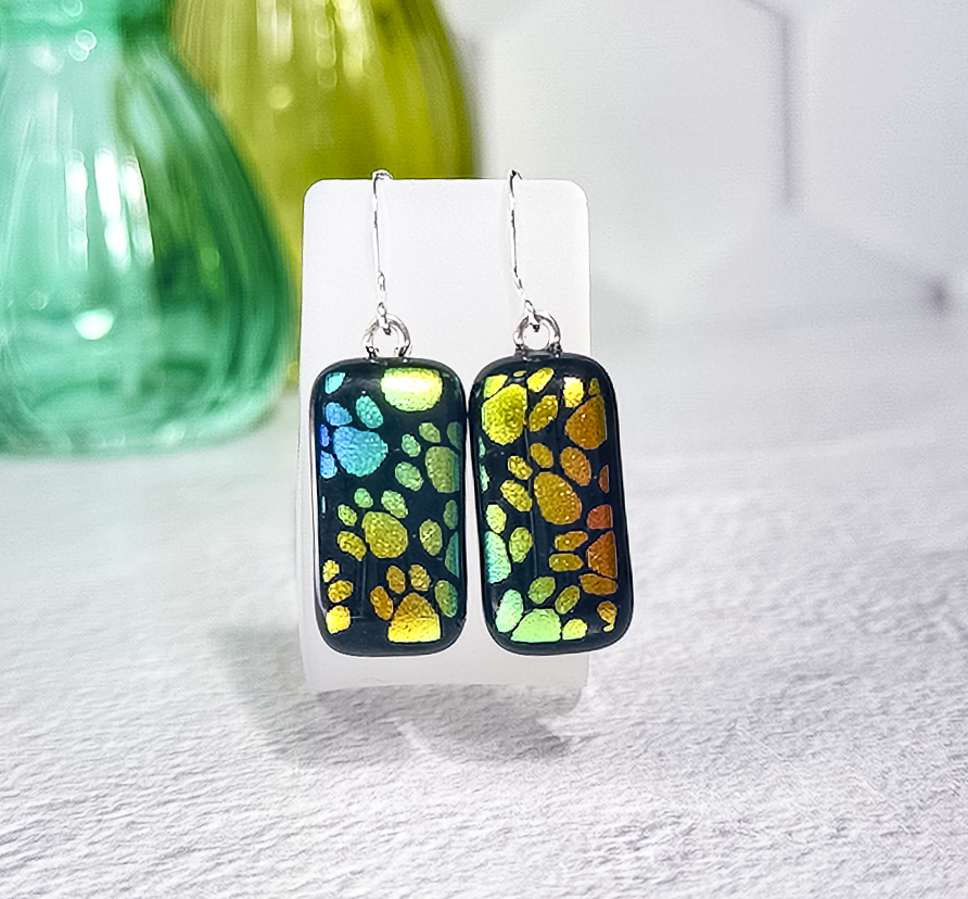 Long Little Paws Dichroic Fused Glass Earrings - 4571