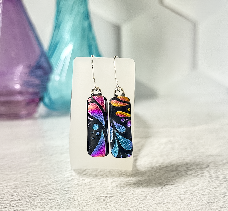 Fan Flowers Dichroic Fused Glass Earrings - 4580