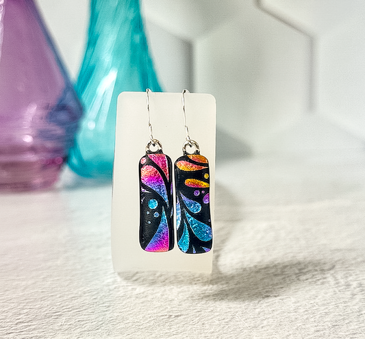 Fan Flowers Dichroic Fused Glass Earrings - 4580