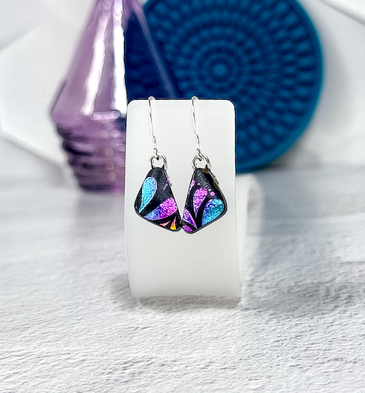 Fan Flowers Butterfly Wing Dichroic Fused Glass Earrings - 4581