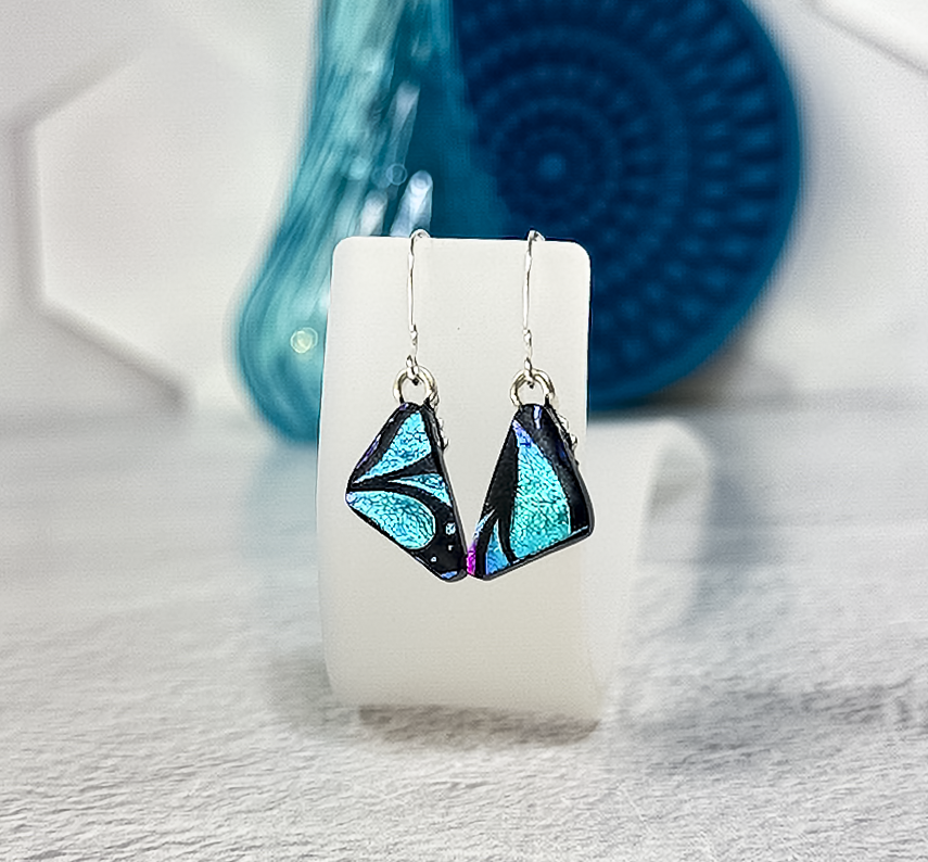 Fan Flowers Butterfly Wing Dichroic Fused Glass Earrings - 4582