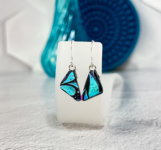 Fan Flowers Butterfly Wing Dichroic Fused Glass Earrings - 4582