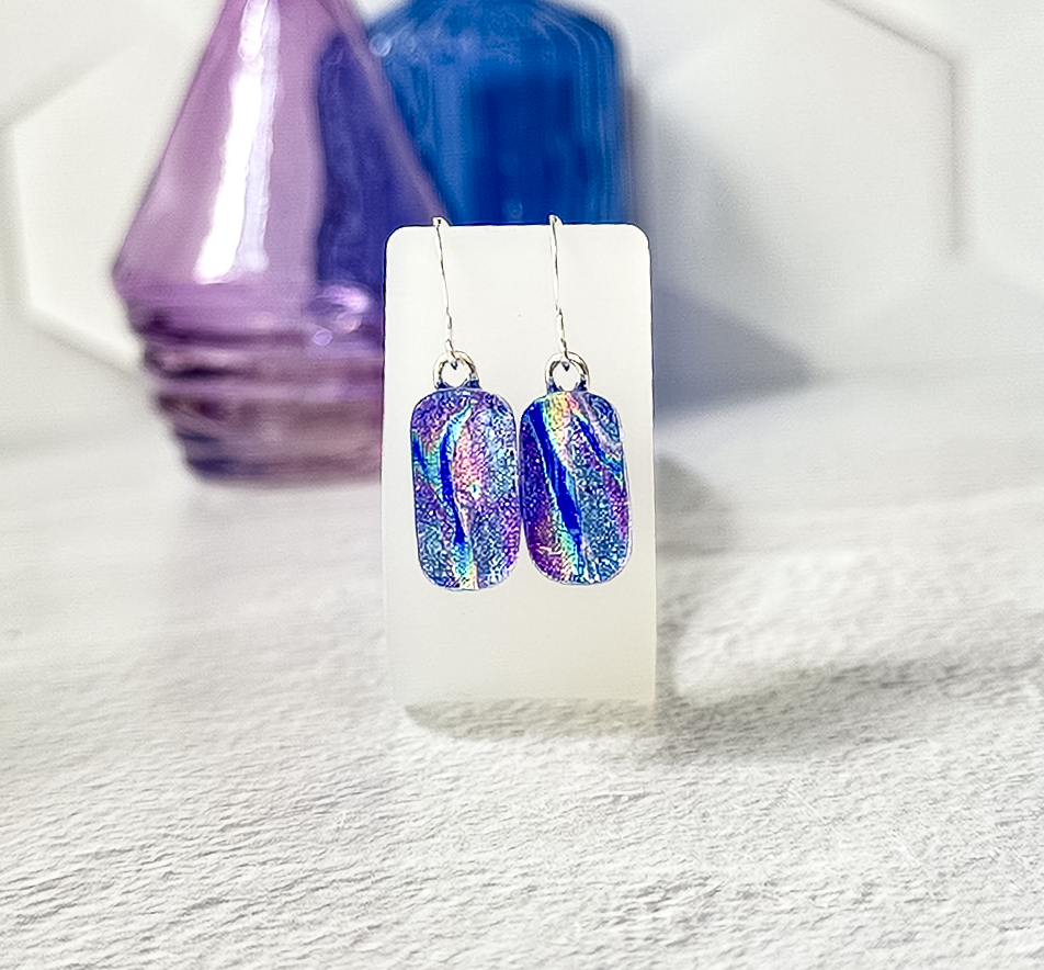 Rainbow Ripple Dichroic Fused Glass Earrings - 4584