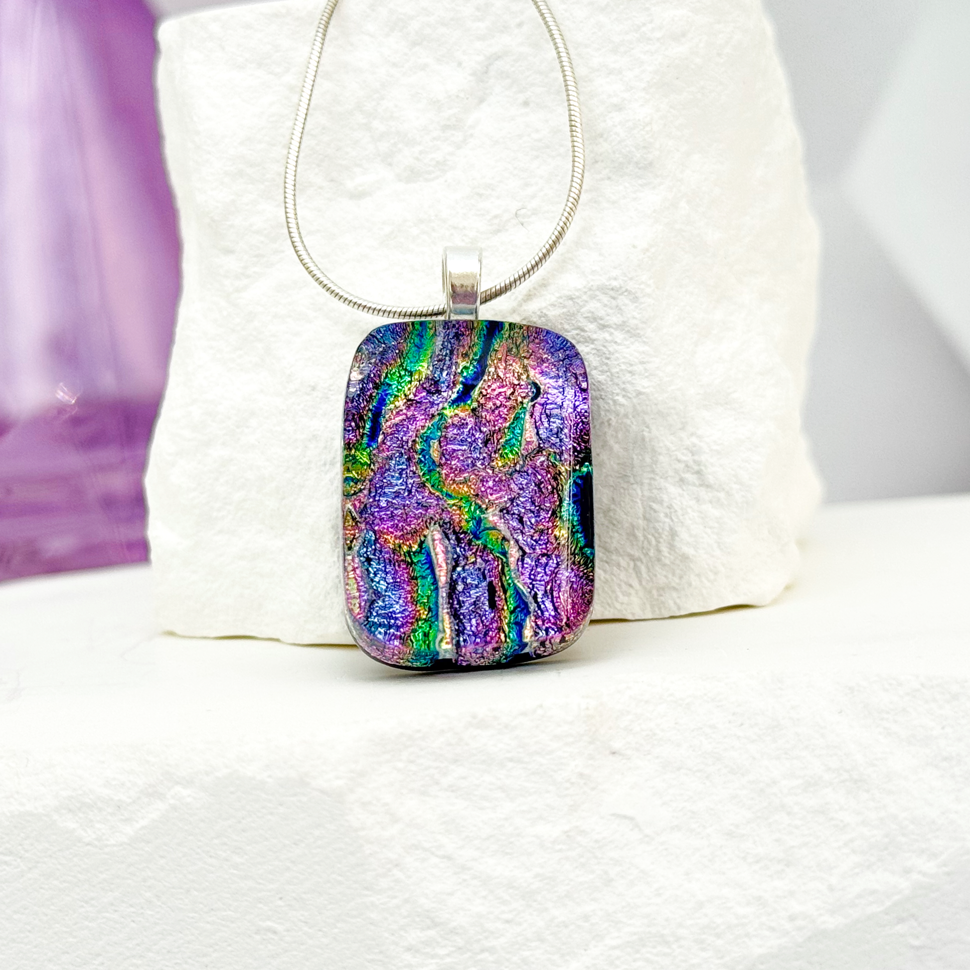 Rainbow Ripple Dichroic Fused Glass Necklace - 4618