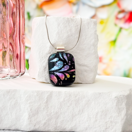 Fan Flowers Dichroic Fused Glass Necklace - 4625