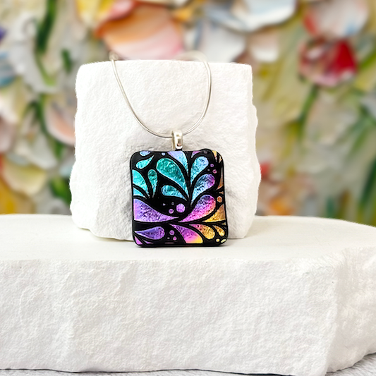 Fan Flowers Dichroic Fused Glass Necklace - 4628