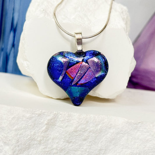 Mosaic Heart Dichroic Fused Glass Necklace - 4667